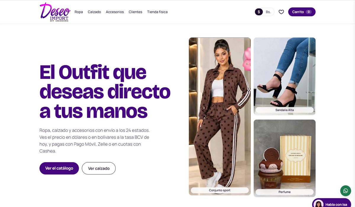 Página de inicio de la tienda online Deseo Import, hecha con Aura Tienda